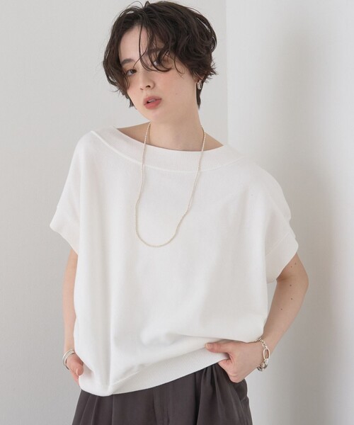 Rouge vif（ルージュヴィフ）の「スレッド編裏毛風ニットプルオーバー/オフショルダー/ワンショルダー/夏服（ニット/セーター・レディース・オフホワイト/グレー/セージグリーン・フリー）」の2枚目の写真