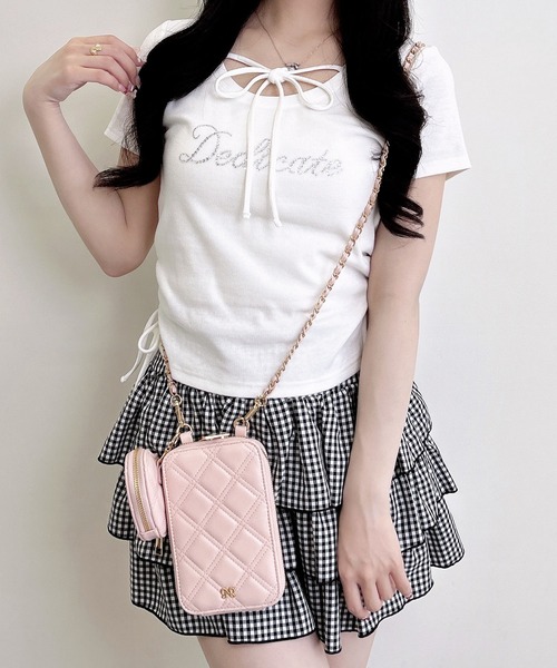 INGNI(イング)の「サイドギャザーリボンラインストーンロゴリブトップス(Tシャツ/カットソー・レディース・オフホワイト/サックスブルー/ライトピンク/ブラック・M)」の9枚目の写真