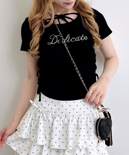 INGNI(イング)の「サイドギャザーリボンラインストーンロゴリブトップス(Tシャツ/カットソー・レディース・オフホワイト/サックスブルー/ライトピンク/ブラック・M)」の22枚目の写真