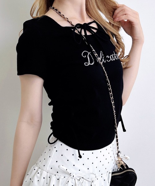 INGNI(イング)の「サイドギャザーリボンラインストーンロゴリブトップス(Tシャツ/カットソー・レディース・オフホワイト/サックスブルー/ライトピンク/ブラック・M)」の21枚目の写真