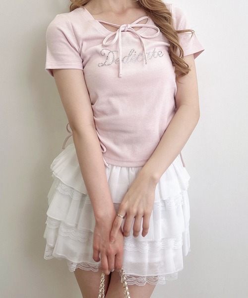 INGNI(イング)の「サイドギャザーリボンラインストーンロゴリブトップス(Tシャツ/カットソー・レディース・オフホワイト/サックスブルー/ライトピンク/ブラック・M)」の15枚目の写真