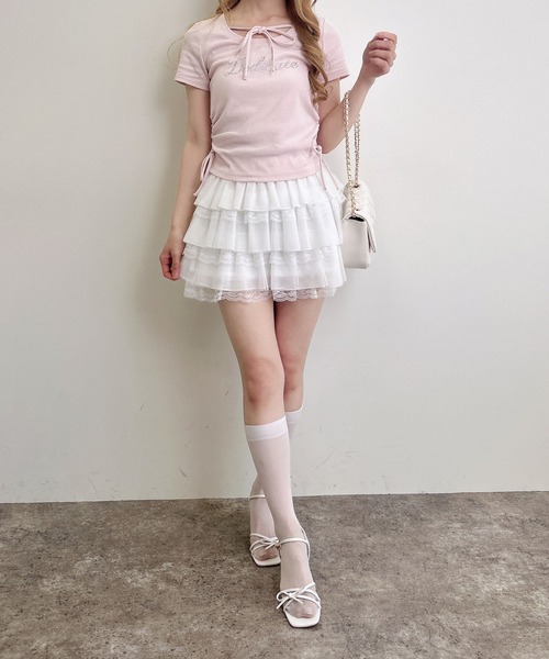 INGNI(イング)の「サイドギャザーリボンラインストーンロゴリブトップス(Tシャツ/カットソー・レディース・オフホワイト/サックスブルー/ライトピンク/ブラック・M)」の12枚目の写真
