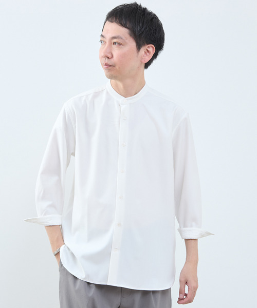 MEN'S MELROSE(メンズメルローズ)の「マルチファブリックバンドカラー8分袖シャツ(シャツ/ブラウス・メンズ・ストライプ/ホワイト/ブルー・4/2/3)」の1枚目の写真