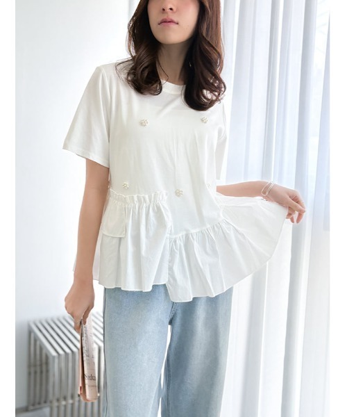fifth（フィフス）の「アシンメトリーフリルデザインフラワーパールTシャツ（Tシャツ/カットソー・レディース・ブラック/ホワイト/ブルー・M）」の22枚目の写真