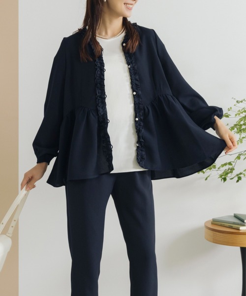 Sono(ソーノ)の「【SONO/ソーノ】【SONO NAVY/ソーノネイビー】フリルトリミング オープンブラウス(シャツ/ブラウス・レディース・ホワイト/ネイビー・F)」の11枚目の写真