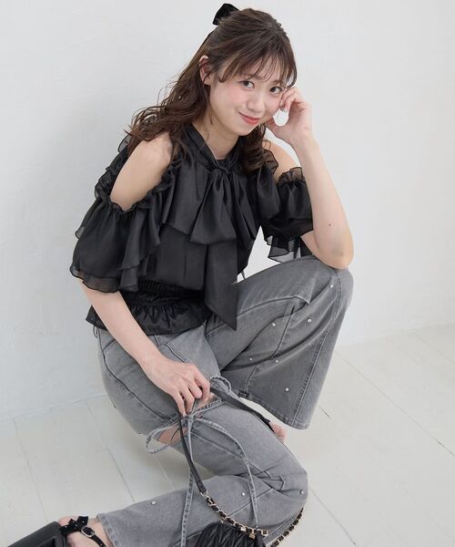 MAJESTIC LEGON(マジェスティックレゴン)の「アメスリフリルリボン半袖ブラウス(シャツ/ブラウス・レディース・ミント/ホワイト系その他2/ピンク/ブラック・MEDIUM)」の6枚目の写真