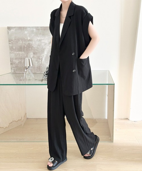 DAY CLOSET(デイ クローゼット)の「【セットアップ対応/体型カバー】きれいめフレンチスリーブダブルボタンジャケット+ワイドパンツ レディース(セットアップ・レディース・ブラック/アイボリー・FREE)」の2枚目の写真