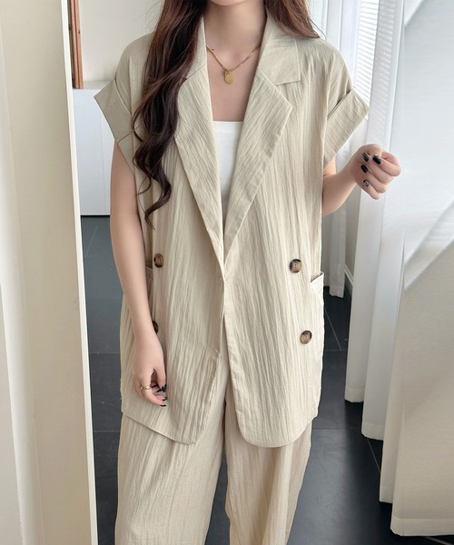 DAY CLOSET(デイ クローゼット)の「【セットアップ対応/体型カバー】きれいめフレンチスリーブダブルボタンジャケット+ワイドパンツ レディース(セットアップ・レディース・ブラック/アイボリー・FREE)」の14枚目の写真