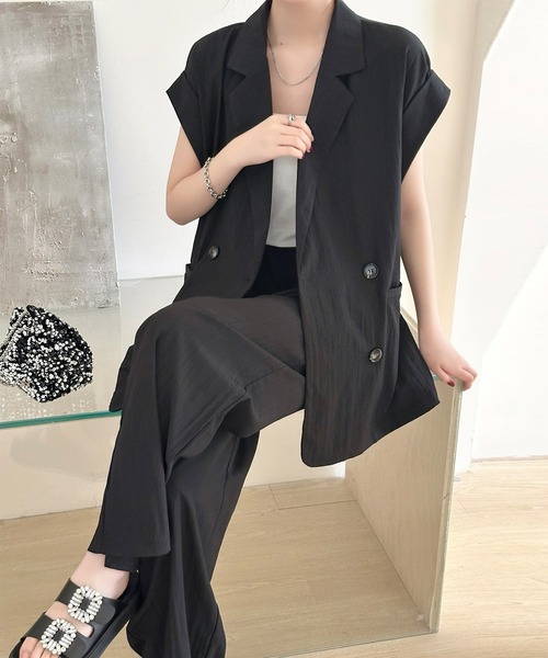 DAY CLOSET(デイ クローゼット)の「【セットアップ対応/体型カバー】きれいめフレンチスリーブダブルボタンジャケット+ワイドパンツ レディース(セットアップ・レディース・ブラック/アイボリー・FREE)」の16枚目の写真