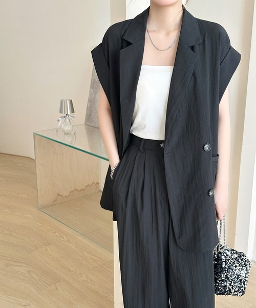 DAY CLOSET(デイ クローゼット)の「【セットアップ対応/体型カバー】きれいめフレンチスリーブダブルボタンジャケット+ワイドパンツ レディース(セットアップ・レディース・ブラック/アイボリー・FREE)」の18枚目の写真