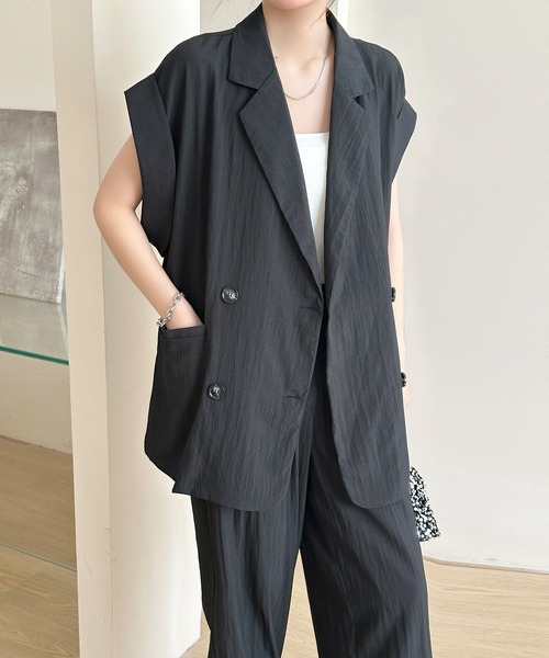 DAY CLOSET(デイ クローゼット)の「【セットアップ対応/体型カバー】きれいめフレンチスリーブダブルボタンジャケット+ワイドパンツ レディース(セットアップ・レディース・ブラック/アイボリー・FREE)」の19枚目の写真