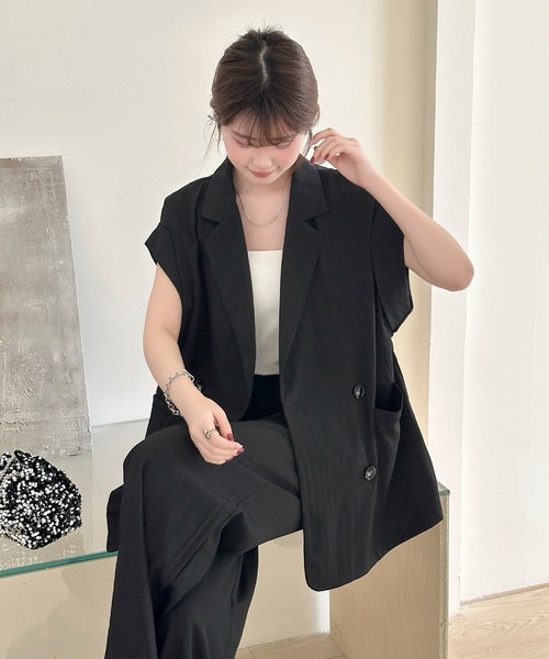 DAY CLOSET(デイ クローゼット)の「【セットアップ対応/体型カバー】きれいめフレンチスリーブダブルボタンジャケット+ワイドパンツ レディース(セットアップ・レディース・ブラック/アイボリー・FREE)」の20枚目の写真