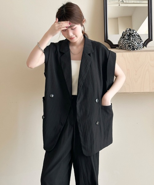 DAY CLOSET(デイ クローゼット)の「【セットアップ対応/体型カバー】きれいめフレンチスリーブダブルボタンジャケット+ワイドパンツ レディース(セットアップ・レディース・ブラック/アイボリー・FREE)」の21枚目の写真
