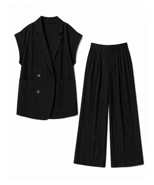 DAY CLOSET(デイ クローゼット)の「【セットアップ対応/体型カバー】きれいめフレンチスリーブダブルボタンジャケット+ワイドパンツ レディース(セットアップ・レディース・ブラック/アイボリー・FREE)」の22枚目の写真