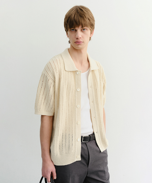 CROCHET COLLARED CARDIGAN_UDSW6B321_IVORY — вязаный кардиган с воротником, айвори