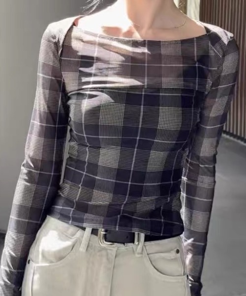 ampm(エーエムピーエム)の「長袖トップス チェック柄 カットソー ボートネック タイト シアートップス(Tシャツ/カットソー・レディース・ブラウン・S/M)」の14枚目の写真