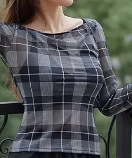 ampm(エーエムピーエム)の「長袖トップス チェック柄 カットソー ボートネック タイト シアートップス(Tシャツ/カットソー・レディース・ブラウン・S/M)」の22枚目の写真