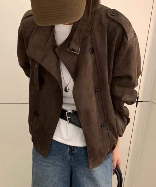 FLINEA(フリネア)の「ポケット付きダブルブレストフェイクスエード ジャケット(ブルゾン・レディース・ダークブラウン/ブラウン・M/L/XL)」の5枚目の写真