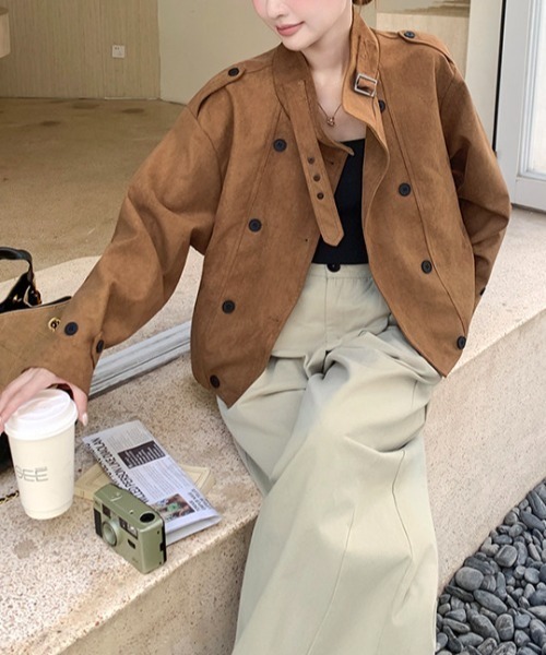 FLINEA(フリネア)の「ポケット付きダブルブレストフェイクスエード ジャケット(ブルゾン・レディース・ダークブラウン/ブラウン・M/L/XL)」の11枚目の写真