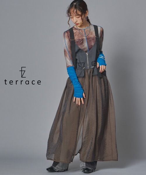 terrace(テラス)の「【異素材切替】チュールレース切替タクティカルベストオーガンジ(ワンピース・レディース・ブラウン/ブラック/チャコール・FREE)」の2枚目の写真