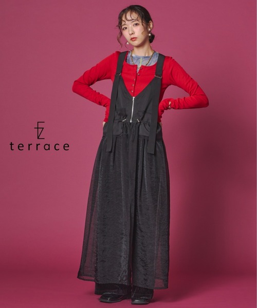 terrace(テラス)の「【異素材切替】チュールレース切替タクティカルベストオーガンジ(ワンピース・レディース・ブラウン/ブラック/チャコール・FREE)」の1枚目の写真