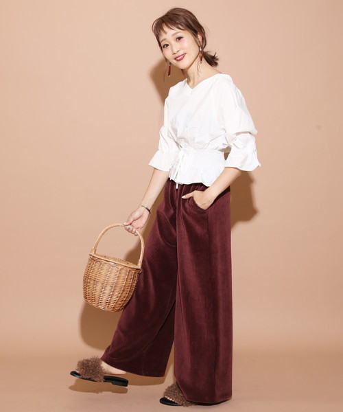 natural couture(ナチュラルクチュール)の「オフショルコルセットブラウス(シャツ/ブラウス・レディース・アイボリー/ブラック/ストライプ・FREE)」の5枚目の写真