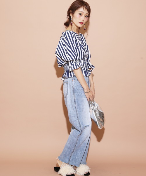 natural couture(ナチュラルクチュール)の「オフショルコルセットブラウス(シャツ/ブラウス・レディース・アイボリー/ブラック/ストライプ・FREE)」の10枚目の写真