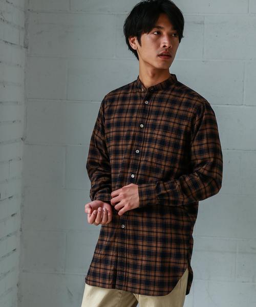 green label relaxing（グリーンレーベルリラクシング）の「【WEB限定】SC★★チェックロングバンドカラー シャツ ◆（シャツ/ブラウス・メンズ・グレー/モカ/ネイビー・SMALL/MEDIUM/LARGE）」の4枚目の写真