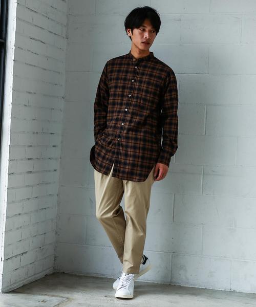 green label relaxing（グリーンレーベルリラクシング）の「【WEB限定】SC★★チェックロングバンドカラー シャツ ◆（シャツ/ブラウス・メンズ・グレー/モカ/ネイビー・SMALL/MEDIUM/LARGE）」の5枚目の写真