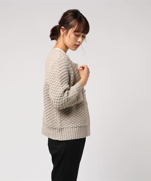 nop de nod 2色使いカーディガン コットンリネンクルーカーディガン