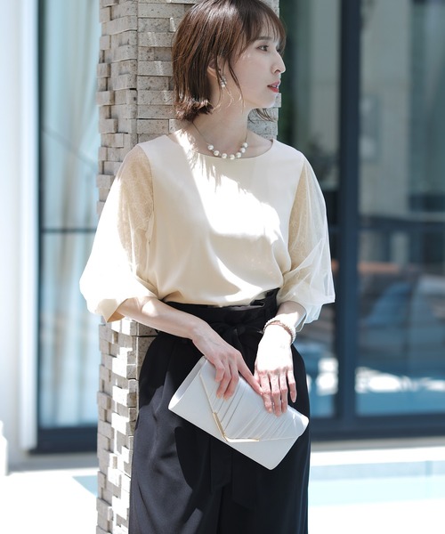 PourVous（プールヴー）の「セットアップ パーティドレス 結婚式&ワイドパンツ チュール スリーブ フォーマル ロング丈 オケージョンドレス パーティー パンツドレス お呼ばれ 七五三 ママ お宮参り 学校行事 二次会 成人式 （パンツドレス・レディース・ブラック/ネイビー/ベージュ×ブラック・M/L）」の17枚目の写真