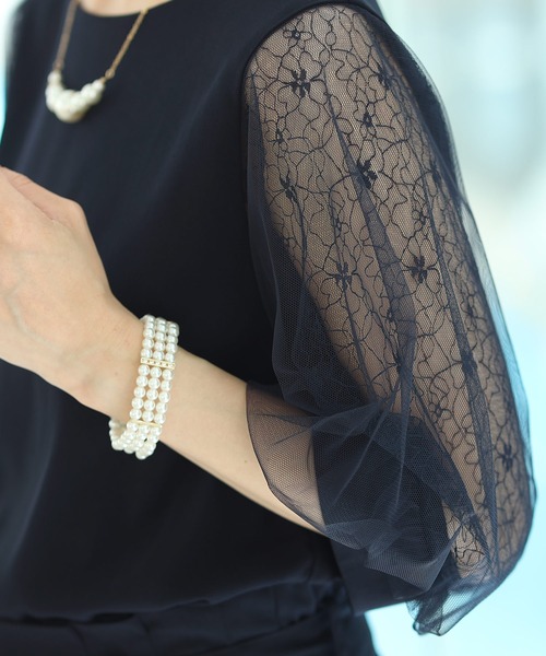 PourVous（プールヴー）の「セットアップ パーティドレス 結婚式&ワイドパンツ チュール スリーブ フォーマル ロング丈 オケージョンドレス パーティー パンツドレス お呼ばれ 七五三 ママ お宮参り 学校行事 二次会 成人式 （パンツドレス・レディース・ブラック/ネイビー/ベージュ×ブラック・M/L）」の12枚目の写真