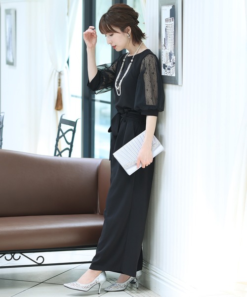 PourVous（プールヴー）の「セットアップ パーティドレス 結婚式&ワイドパンツ チュール スリーブ フォーマル ロング丈 オケージョンドレス パーティー パンツドレス お呼ばれ 七五三 ママ お宮参り 学校行事 二次会 成人式 （パンツドレス・レディース・ブラック/ネイビー/ベージュ×ブラック・M/L）」の6枚目の写真