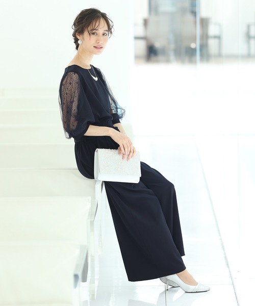 PourVous（プールヴー）の「セットアップ パーティドレス 結婚式&ワイドパンツ チュール スリーブ フォーマル ロング丈 オケージョンドレス パーティー パンツドレス お呼ばれ 七五三 ママ お宮参り 学校行事 二次会 成人式 （パンツドレス・レディース・ブラック/ネイビー/ベージュ×ブラック・M/L）」の4枚目の写真