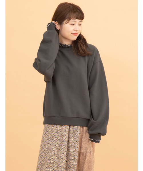 POU DOU DOU（プードゥドゥ）の「ダブルリブ配色メロートレーナー（スウェット・レディース・アイボリー/ダークグレー/ミント/キャメル・3）」の14枚目の写真