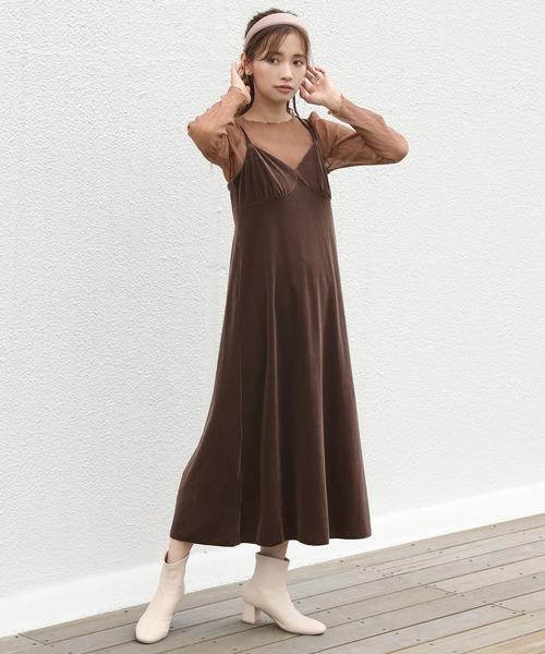 one after another NICE CLAUP(ワンアフターアナザーナイスクラップ)の「シアートップスセットベロアキャミワンピース(ワンピース・レディース・ブラウン/ベージュ/グリーン/ネイビー・FREE)」の15枚目の写真