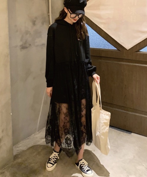 meJane(ミージェーン)の「スウェット×シアーレース ドッキングワンピース【ZOZOTOWN限定】(ワンピース・レディース・ライトグレー/ブラック・FREE)」の3枚目の写真
