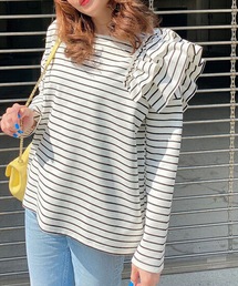 肩フリルボーダーTシャツ