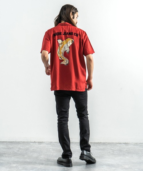【新品】50%OFF ヌーディージーンズ ネイビー ボーリングシャツSサイズ 25SS】MEN シーサイドプリント 半袖シャツ ネイビー 071452006