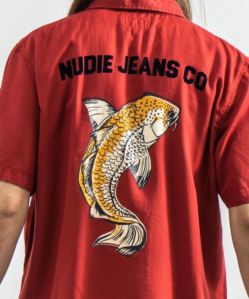 【新品】50%OFF ヌーディージーンズ ネイビー ボーリングシャツSサイズ 25SS】MEN シーサイドプリント 半袖シャツ ネイビー 071452006