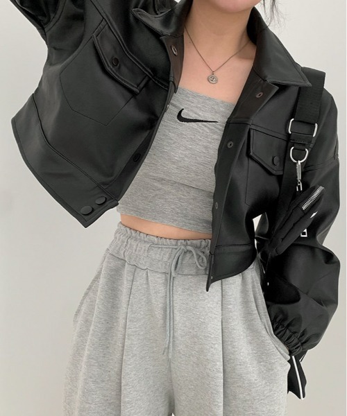 BEIDELLI（ベイデリー）の「[BELLIDE MADE] レザー調クロップドジャケット（その他アウター・レディース・ブラック/クリーム・FREE）」の11枚目の写真