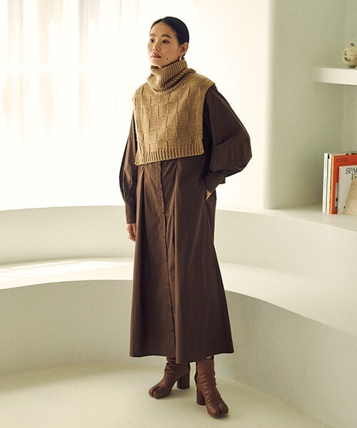 CREDONA（クレドナ）の「ニットベスト付シャツOP（ワンピース・レディース・ブラウン/オフホワイト・FREE）」の12枚目の写真