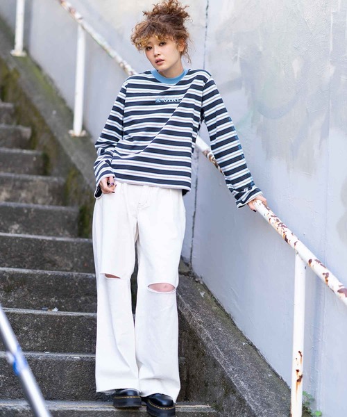 X-girl（エックスガール）の「STRIPED L/S TEE（Tシャツ/カットソー・レディース・ブラウン/チャコール/ピンク・S/M）」の10枚目の写真