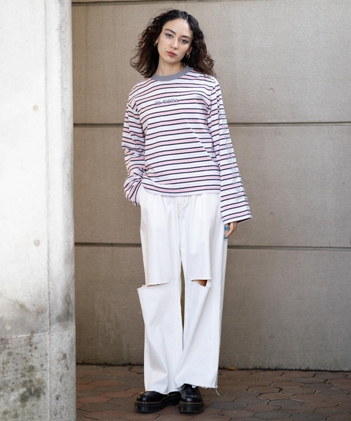 X-girl（エックスガール）の「STRIPED L/S TEE（Tシャツ/カットソー・レディース・ブラウン/チャコール/ピンク・S/M）」の4枚目の写真