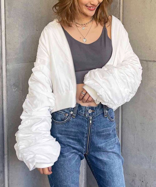 SPIRALGIRL（スパイラルガール）の「袖ギャザーコンパクトMA-1（MA-1・レディース・ブラック/オフホワイト・FREE）」の2枚目の写真