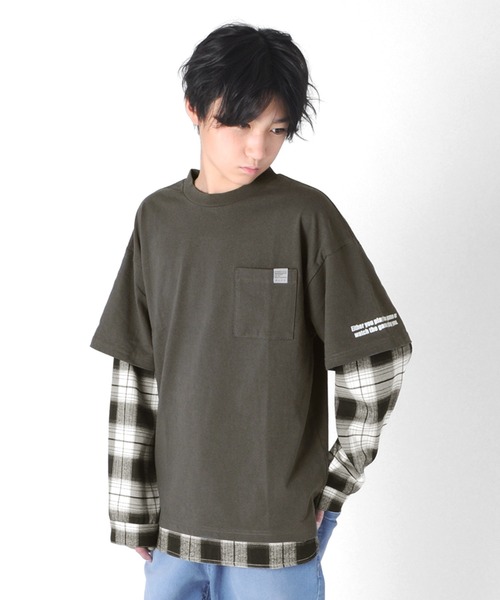 GLAZOS(グラソス)の「天竺・チェックシャツレイヤード長袖Tシャツ(Tシャツ/カットソー・キッズ・ホワイト/チャコールグレー・130cm/140cm/150cm/160cm/170cm)」の2枚目の写真