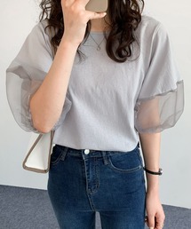 オーガンジー切替ボリューム袖カットTシャツ