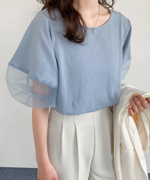 Diosfront（ディオスフロント）の「オーガンジー切替ボリューム袖カットTシャツ（Tシャツ/カットソー・レディース・ベージュ/ブラック/ホワイト/ブルーグレー/グリーン/グレー・L/M）」の5枚目の写真