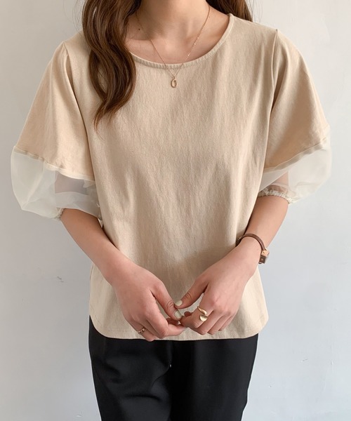 Diosfront（ディオスフロント）の「オーガンジー切替ボリューム袖カットTシャツ（Tシャツ/カットソー・レディース・ベージュ/ブラック/ホワイト/ブルーグレー/グリーン/グレー・L/M）」の22枚目の写真