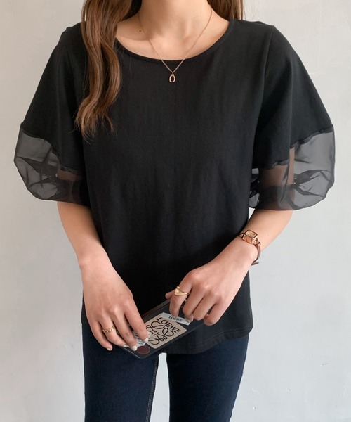 Diosfront（ディオスフロント）の「オーガンジー切替ボリューム袖カットTシャツ（Tシャツ/カットソー・レディース・ベージュ/ブラック/ホワイト/ブルーグレー/グリーン/グレー・L/M）」の9枚目の写真